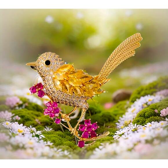 Tiny Bird Canary Rhinestone Brooch Pin NWT on Spring Branch - Picture 2 of 5